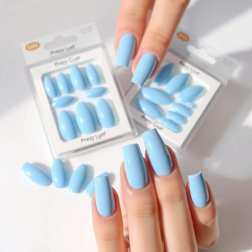 Baby blue press-on acrylic nails