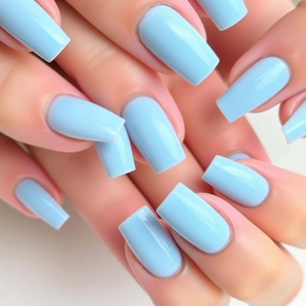 Baby blue square acrylic nails with delicate finish