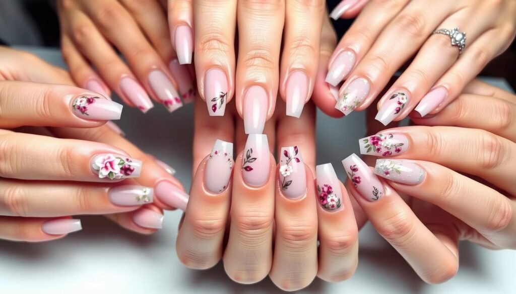 Beautiful finished clear acrylic nails with various artistic designs Beautiful finished clear acrylic nails with various artistic designs