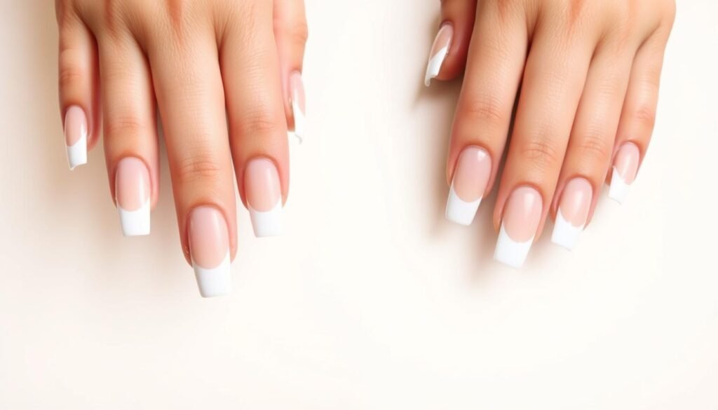 Beautiful hands with perfect square French tip acrylic nails