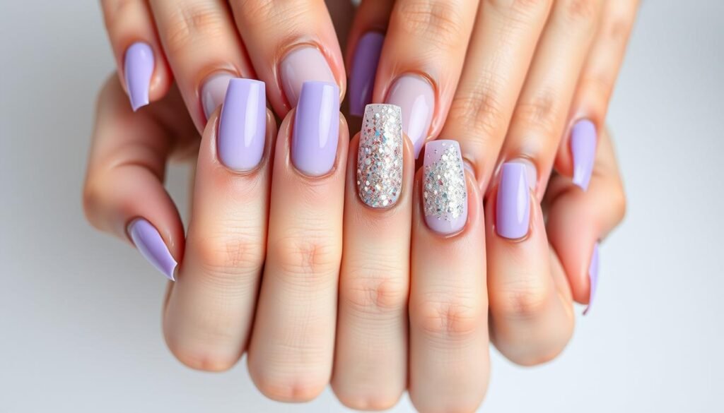 Beautiful hands with various lavender acrylic nail designs