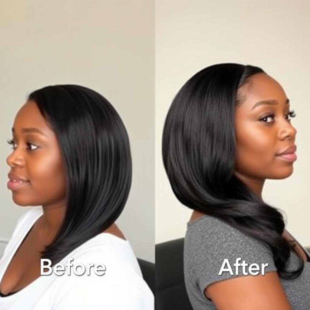 Before and after comparison of natural hair growth under protective wig styling