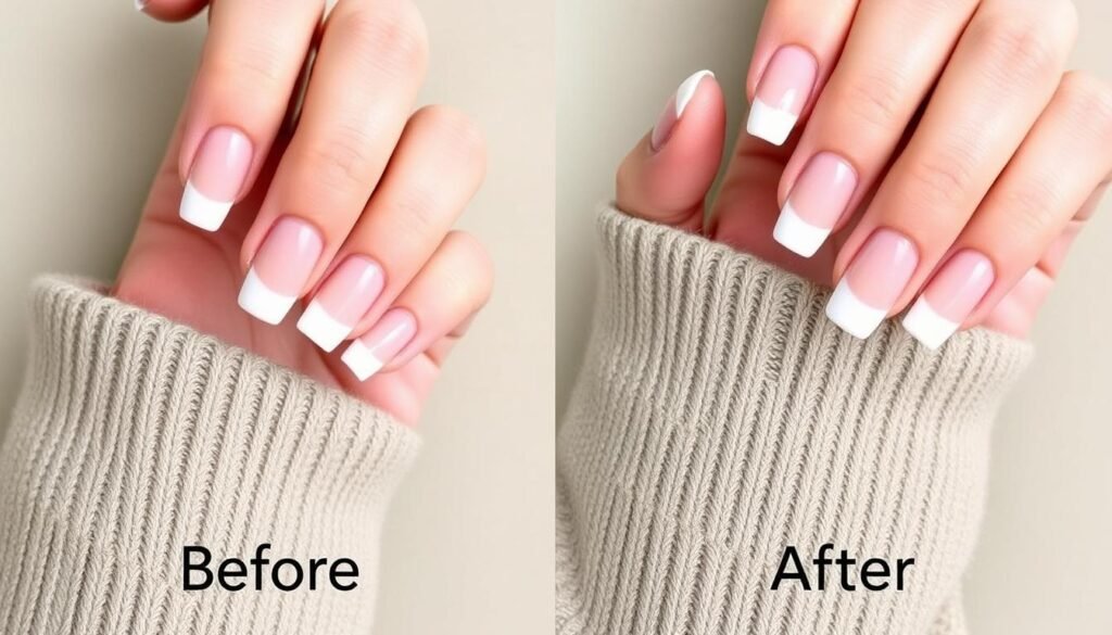 Before and after comparison of natural nails and short french tip acrylic nails