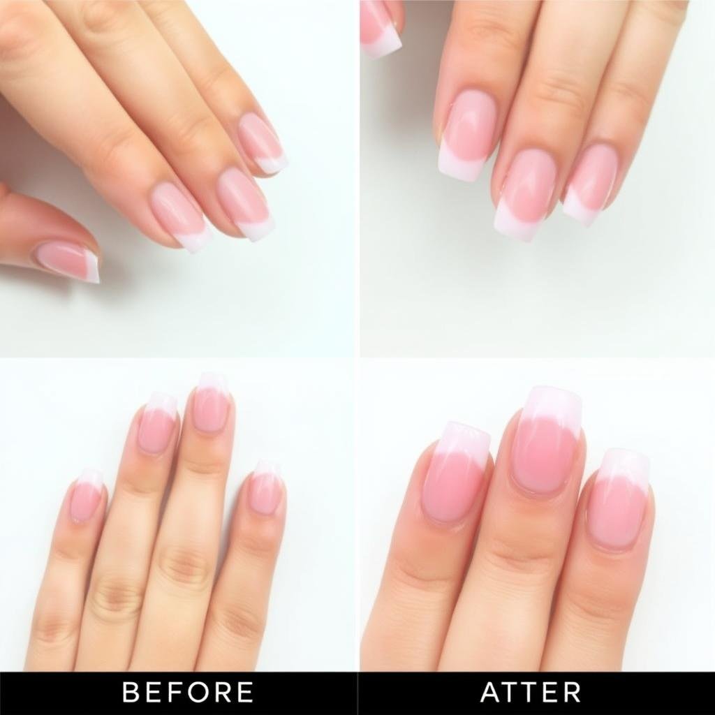 Before and after comparison of natural nails and short french tip acrylic nails pink