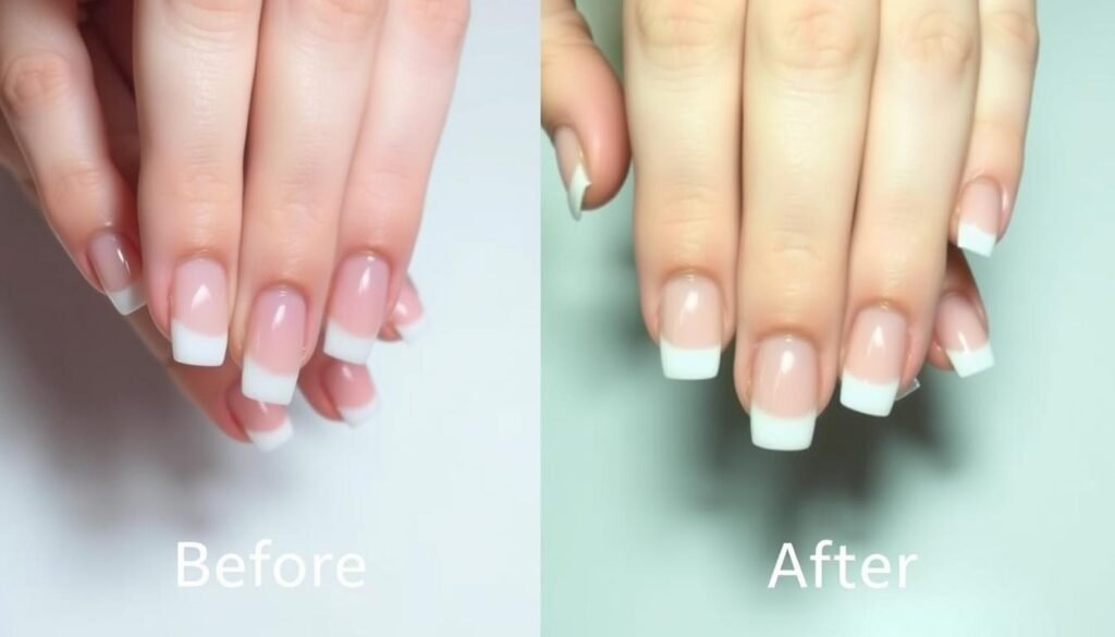 Before and after comparison of short square acrylic nails with French tips