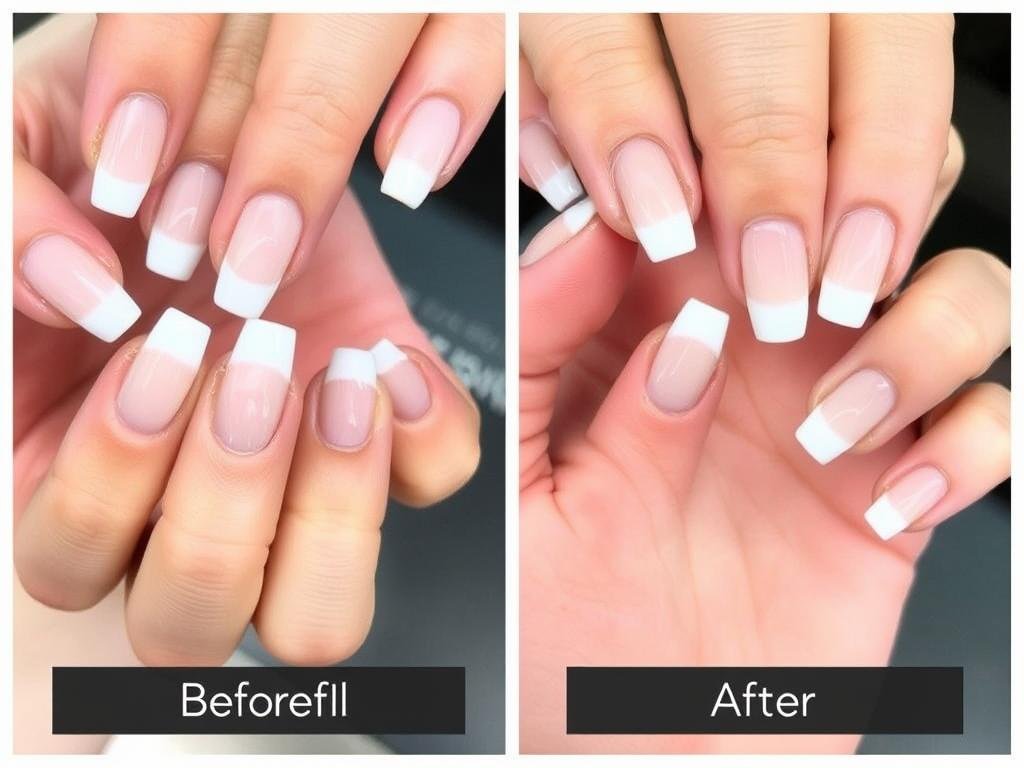 Before and after fill for short french tip acrylic nails