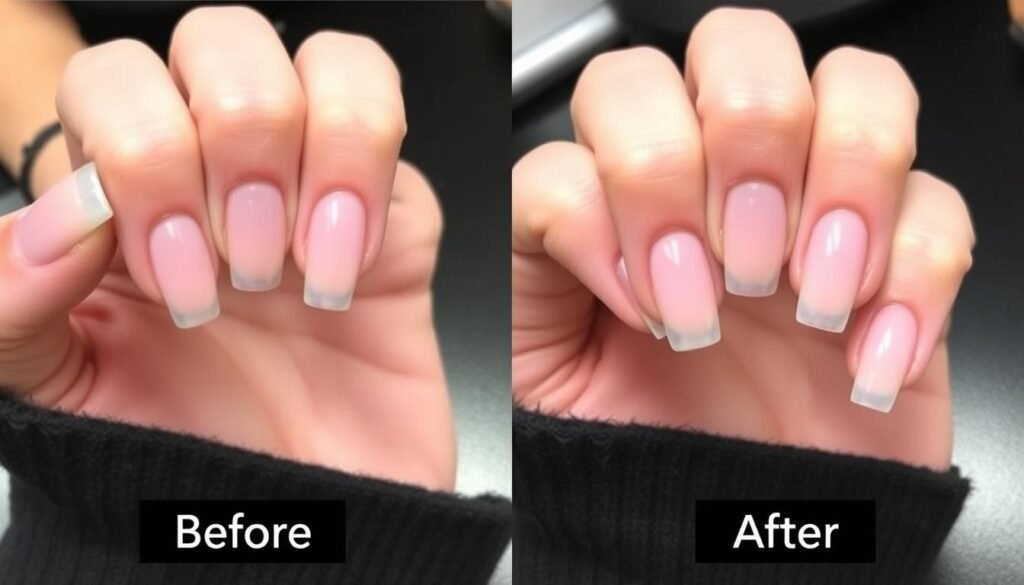 Before and after of a fill appointment for short square acrylic nails