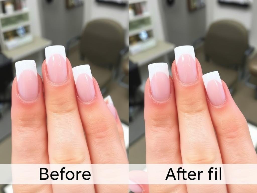 Before and after of a square French tip acrylic fill