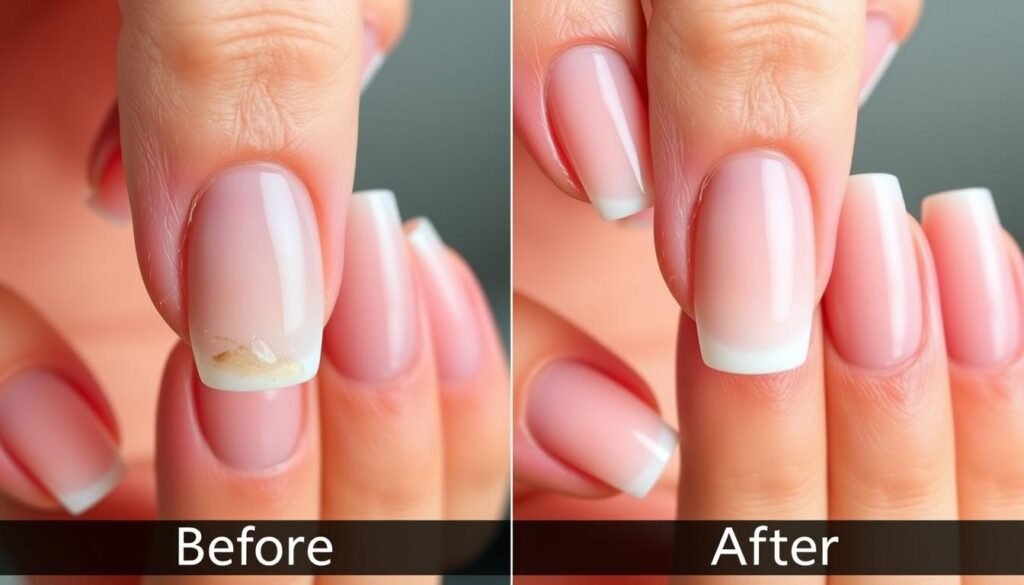 Before and after of an acrylic nail fill showing growth and fresh application