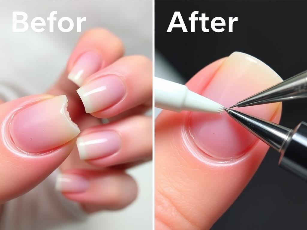 Before and after of duck nails acrylic repair showing fixing of a broken tip