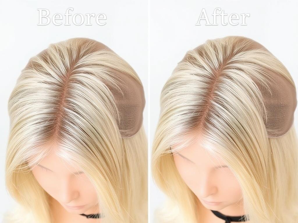 Before and after of plucking a blonde wig hairline for more natural look