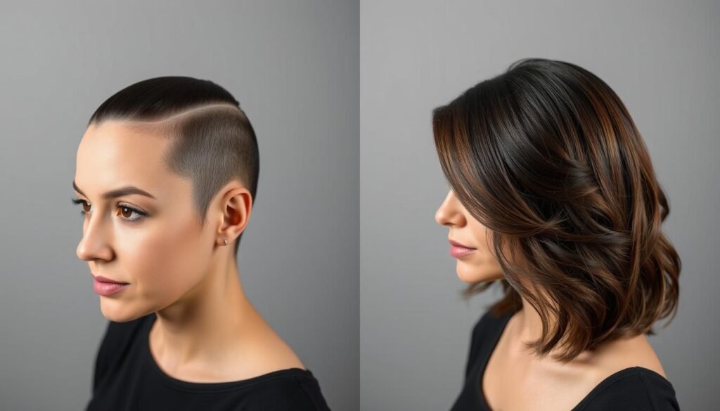 Before and after of wig styling for natural appearance