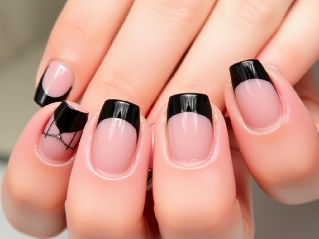Black French tip acrylic nails on neutral base