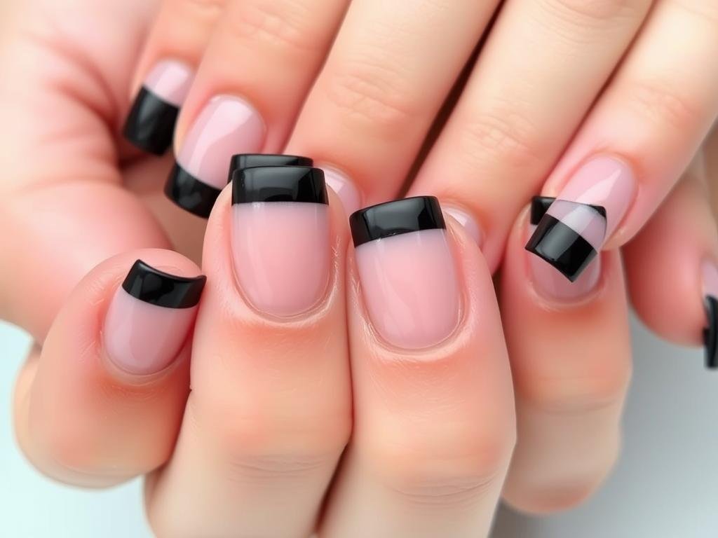 Black French tip square acrylic nails with thin line design