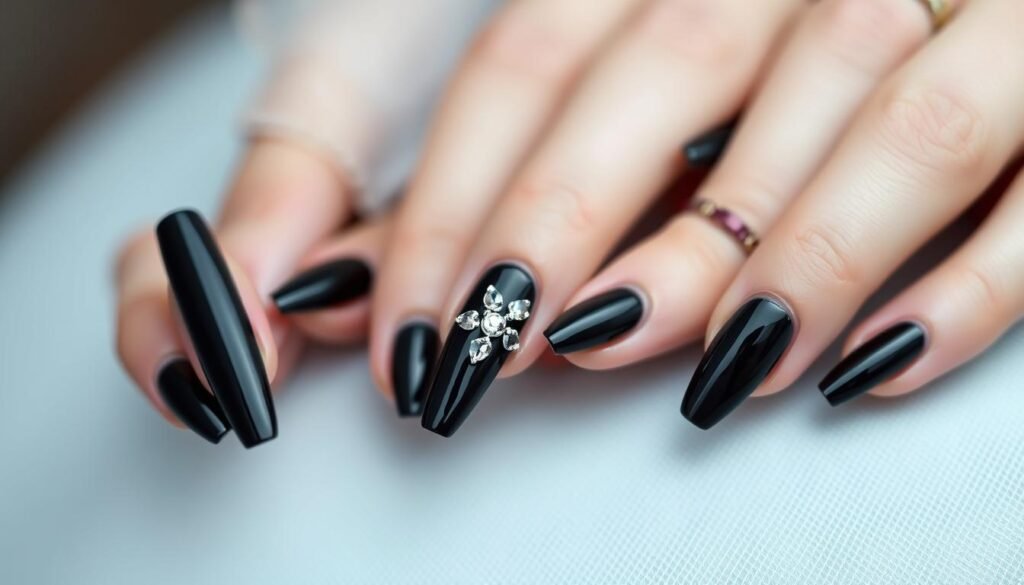 Black acrylic nails styled for different occasions