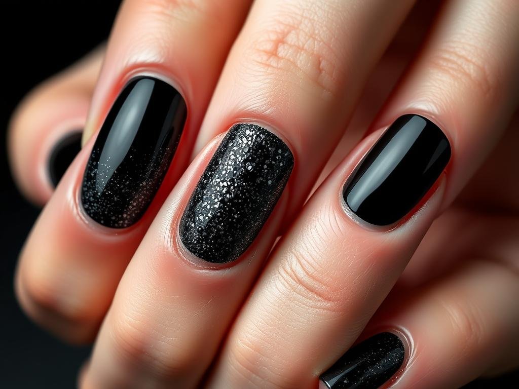Black acrylic nails with glitter accent nails
