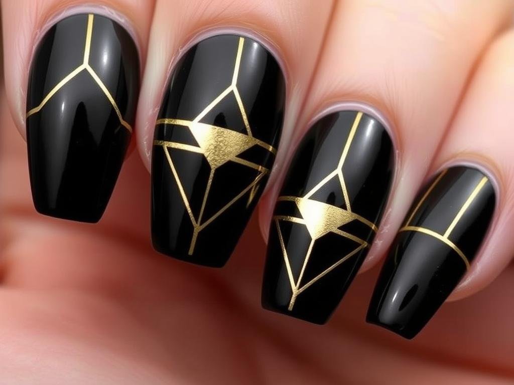 Black acrylic nails with gold geometric accents