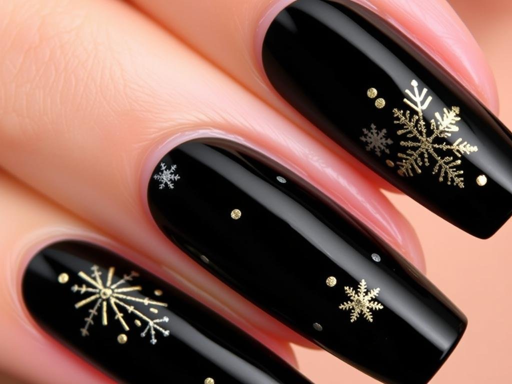 Black acrylic nails with holiday-themed designs