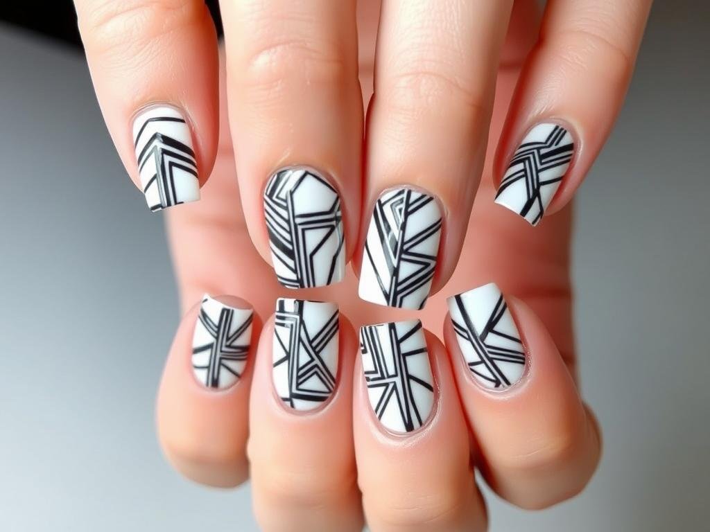 Black and white geometric square acrylic nail design