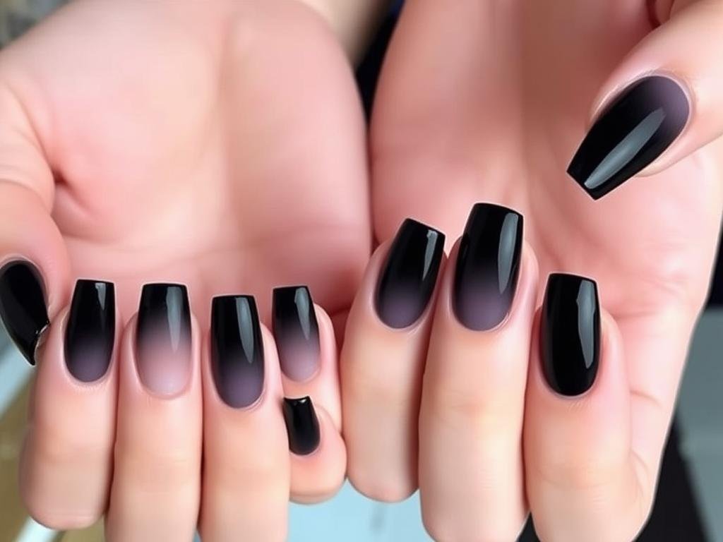 Black ombre fade acrylic nails transitioning to clear