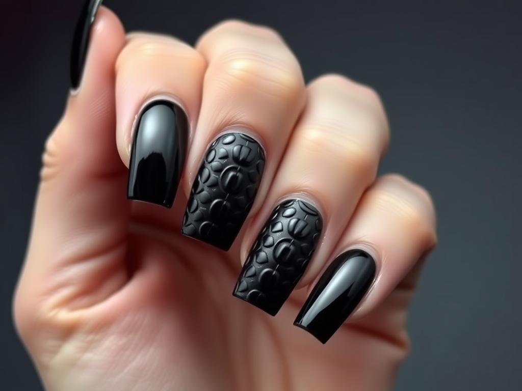 Black square acrylic nails with 3D texture designs