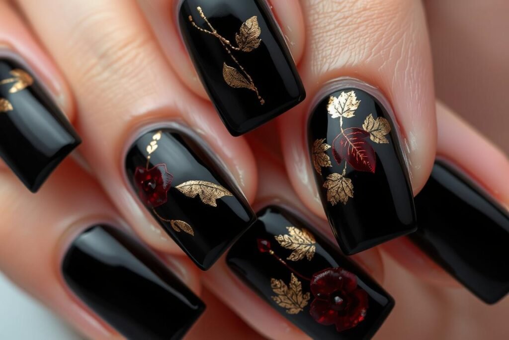 Black square acrylic nails with autumn-inspired designs