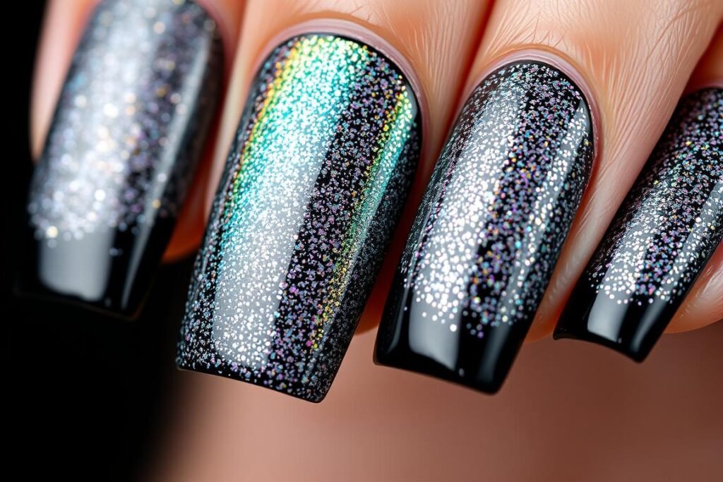 Black square acrylic nails with black holographic glitter effect