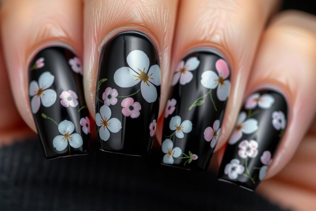 Black square acrylic nails with floral accents for spring