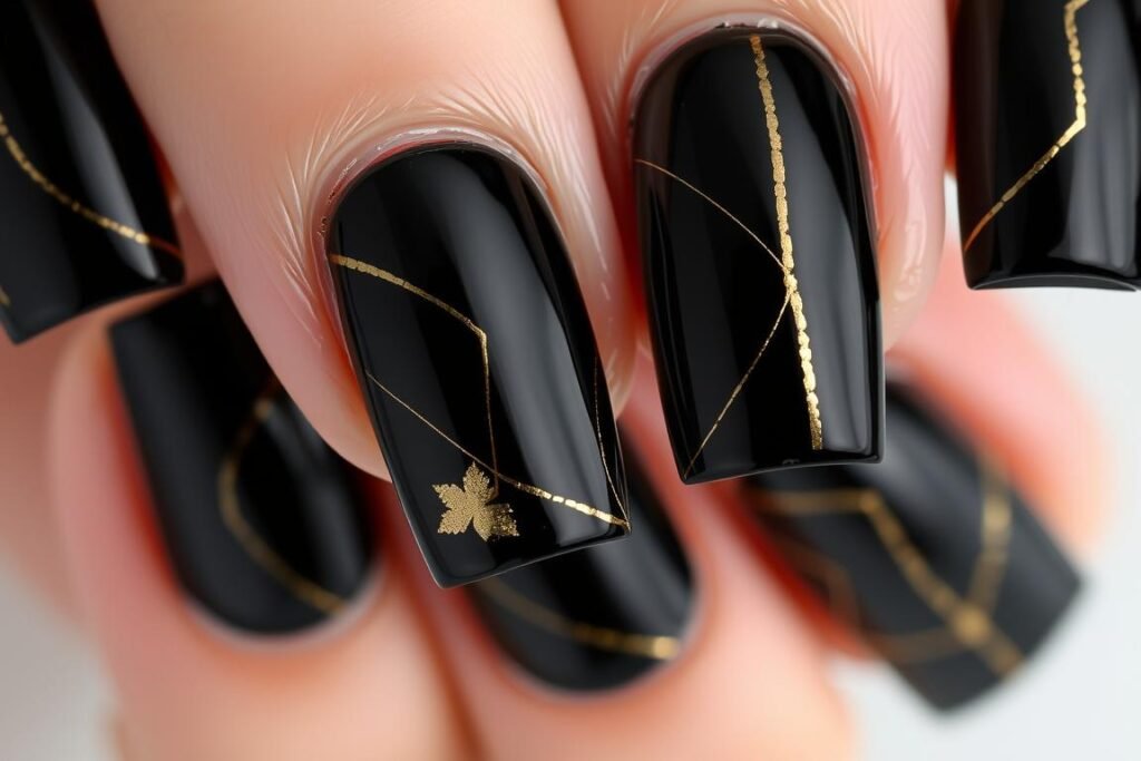 Black square acrylic nails with gold accent details