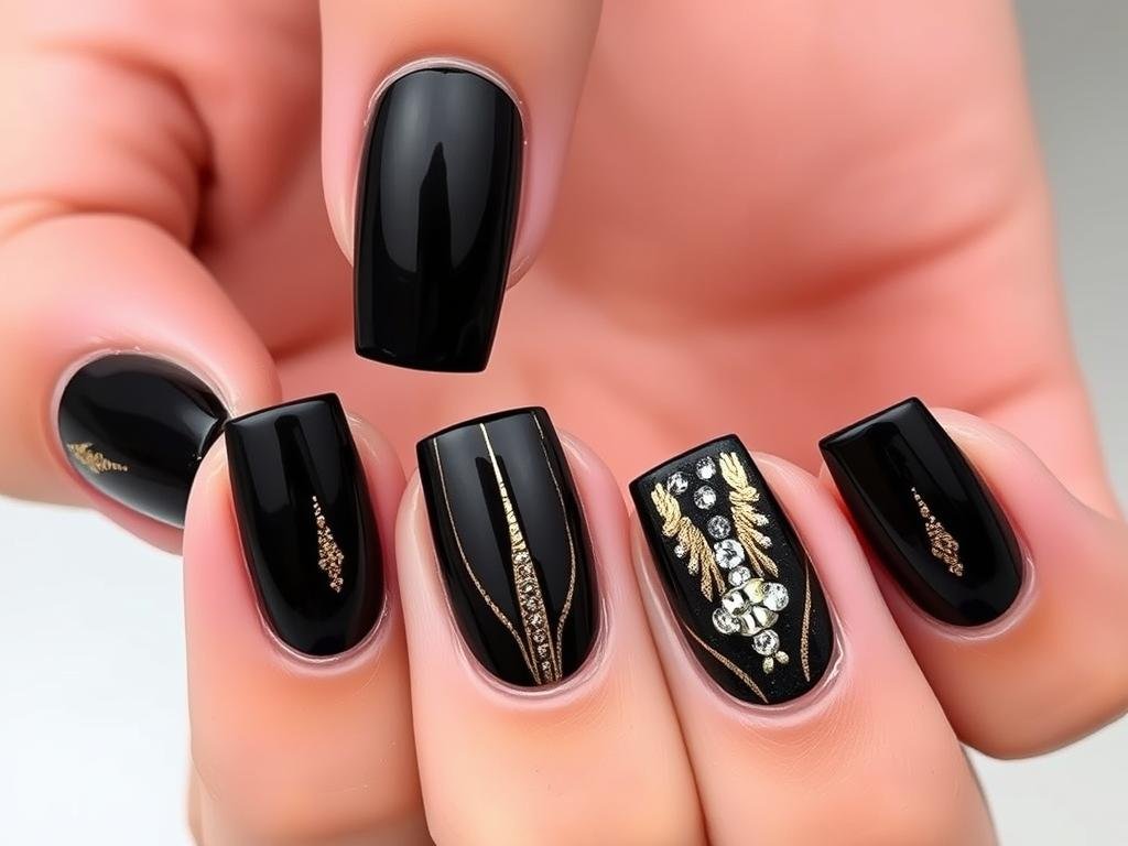Black square acrylic nails with gold accents and rhinestones