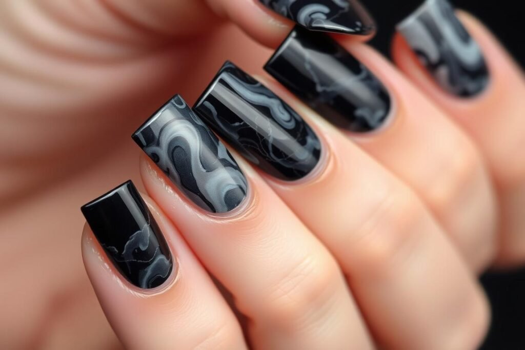 Black square acrylic nails with marble effect in black and gray