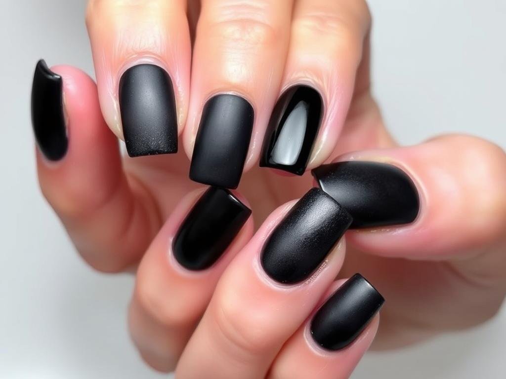 Black square acrylic nails with matte and glossy combination