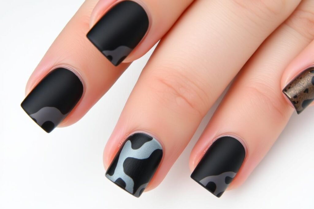 Black square acrylic nails with matte black and glossy black cow print design