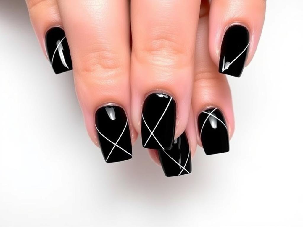 Black square acrylic nails with minimalist line art