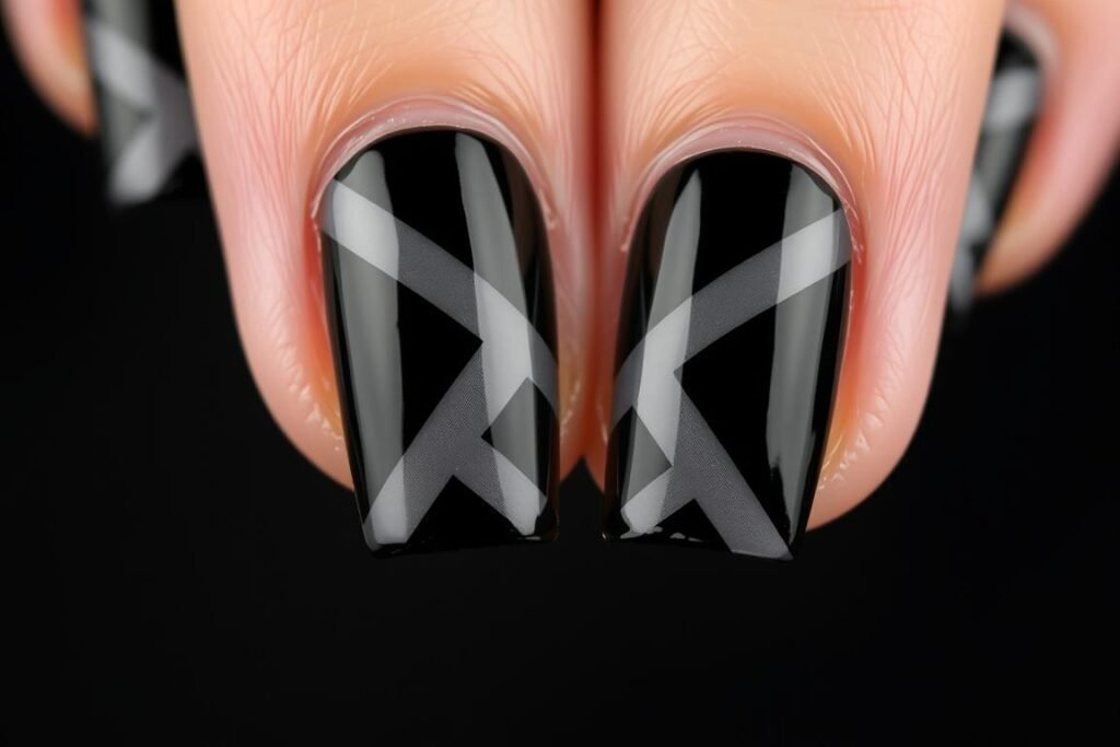 Black square acrylic nails with negative space geometric patterns