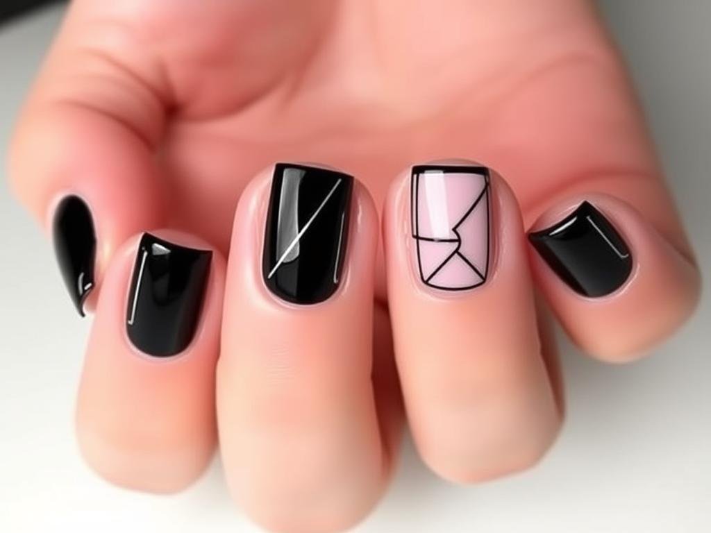 Black square acrylic nails with negative space geometric patterns