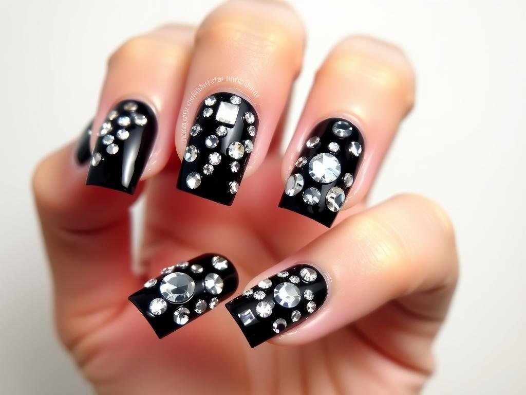 Black square acrylic nails with rhinestone embellishments