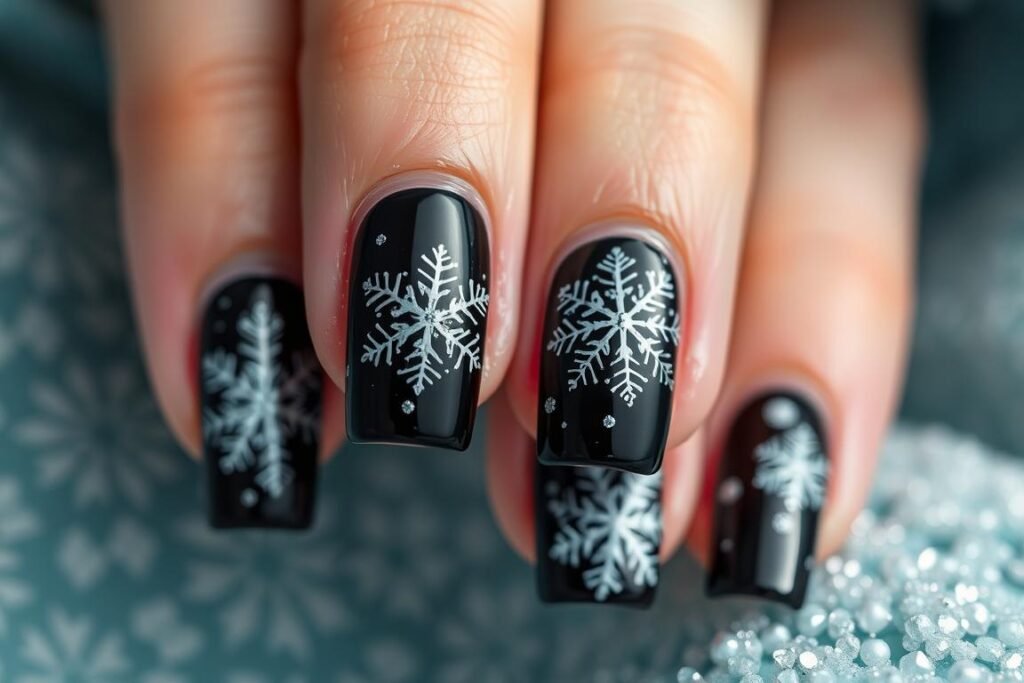 Black square acrylic nails with subtle snowflake designs for winter