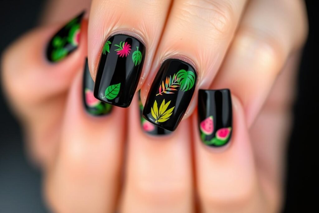 Black square acrylic nails with tropical accents for summer