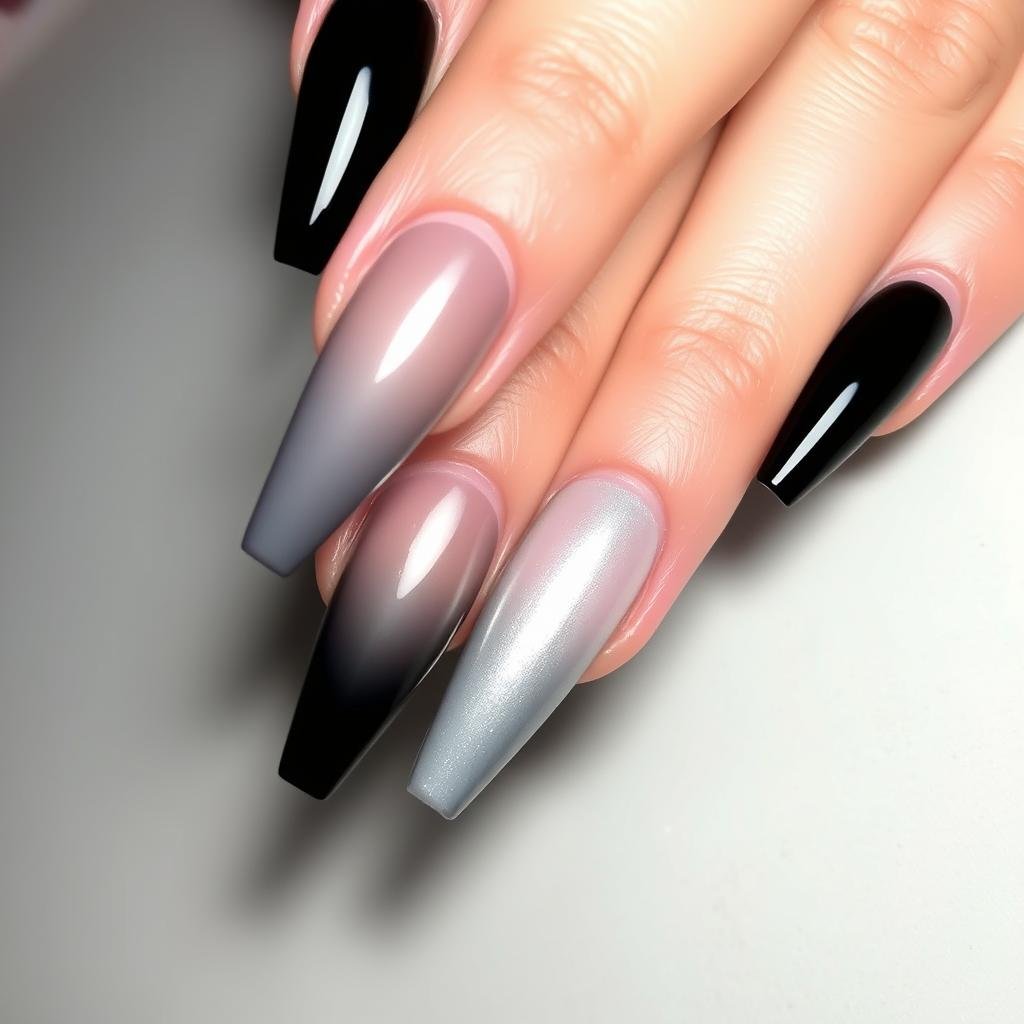 Black to silver ombre acrylic nails with edgy gradient