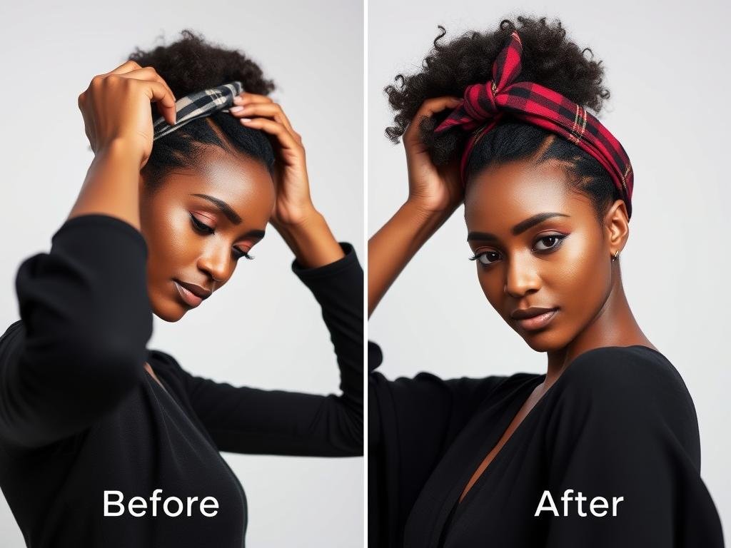 Black woman adding a stylish headband to a wig for a quick and fashionable transformation