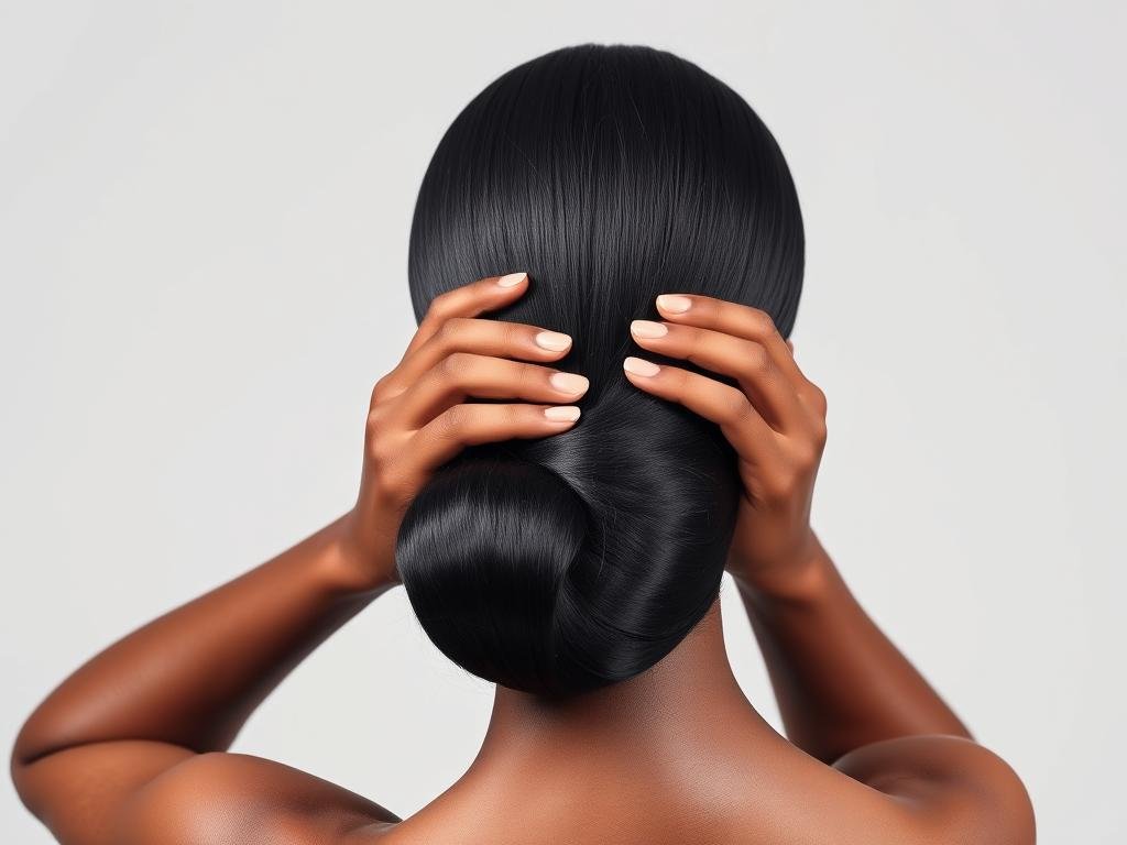 Black woman creating a sleek low bun with a straight wig, showing the process of gathering hair at the nape and securing it into a neat bun