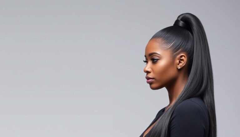 Black woman styling a lace front wig into a sleek high ponytail with smooth edges and volume at the crown