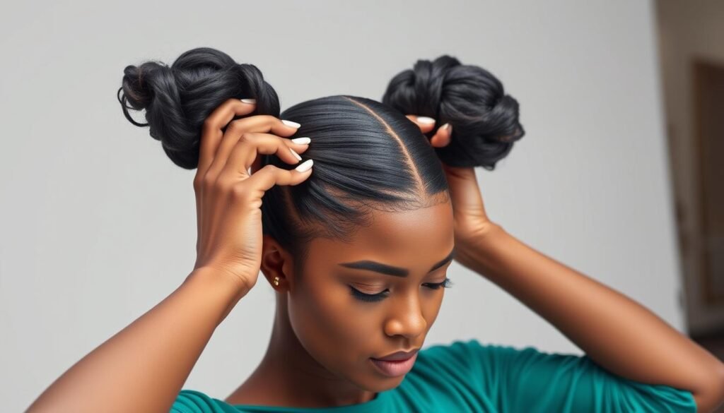 Black woman styling a wig into space buns, showing the process of creating two high buns on either side of the head