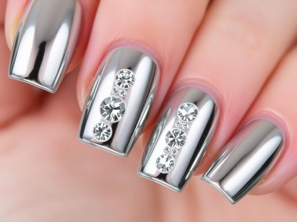 Bling acrylic nails combining chrome finish with strategic rhinestone placement