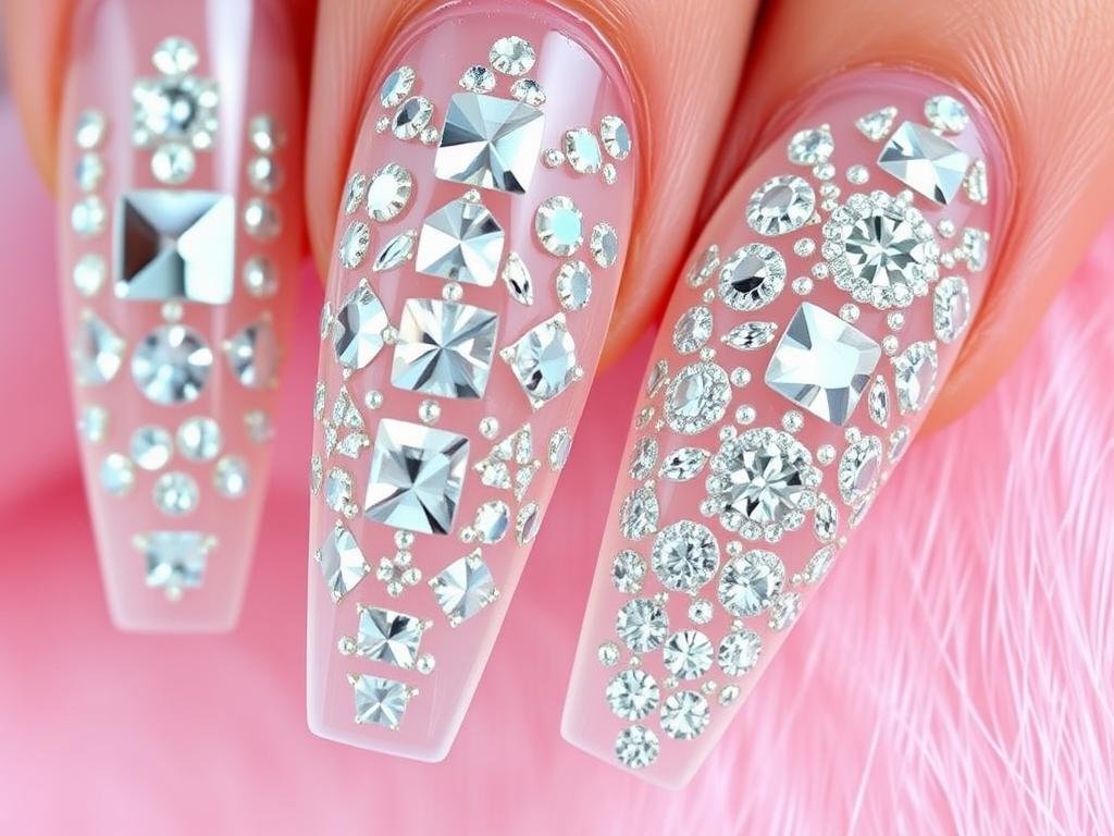 Bling acrylic nails with intricate rhinestone patterns and designs
