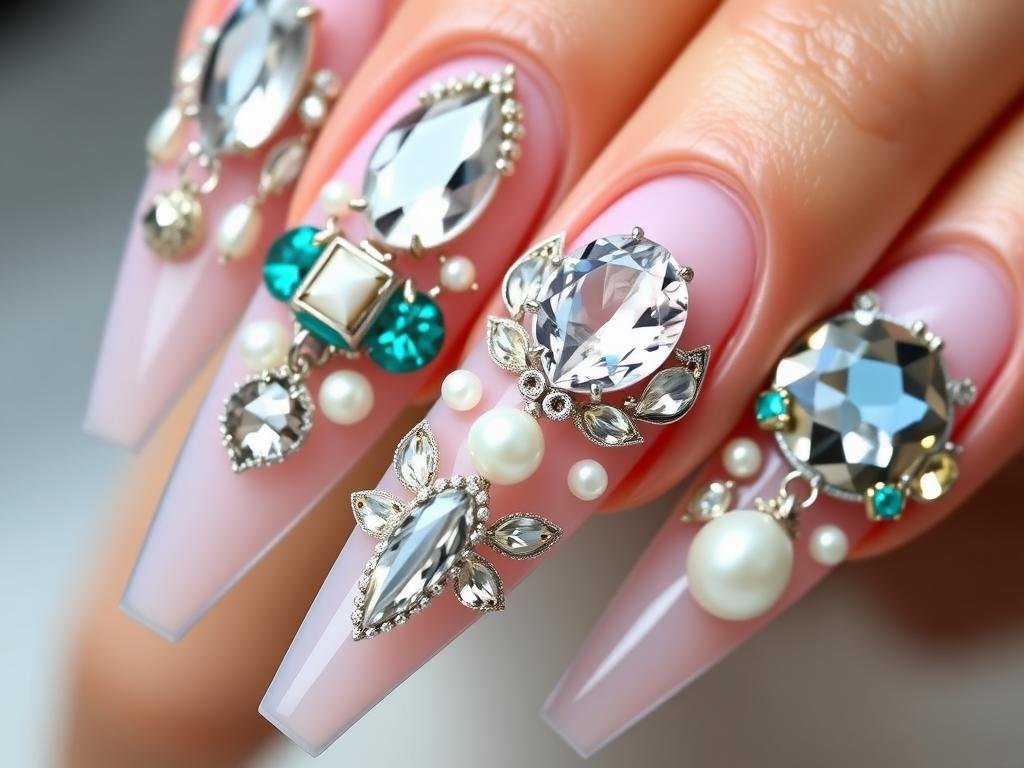 Bling acrylic nails with raised 3D jeweled elements and designs