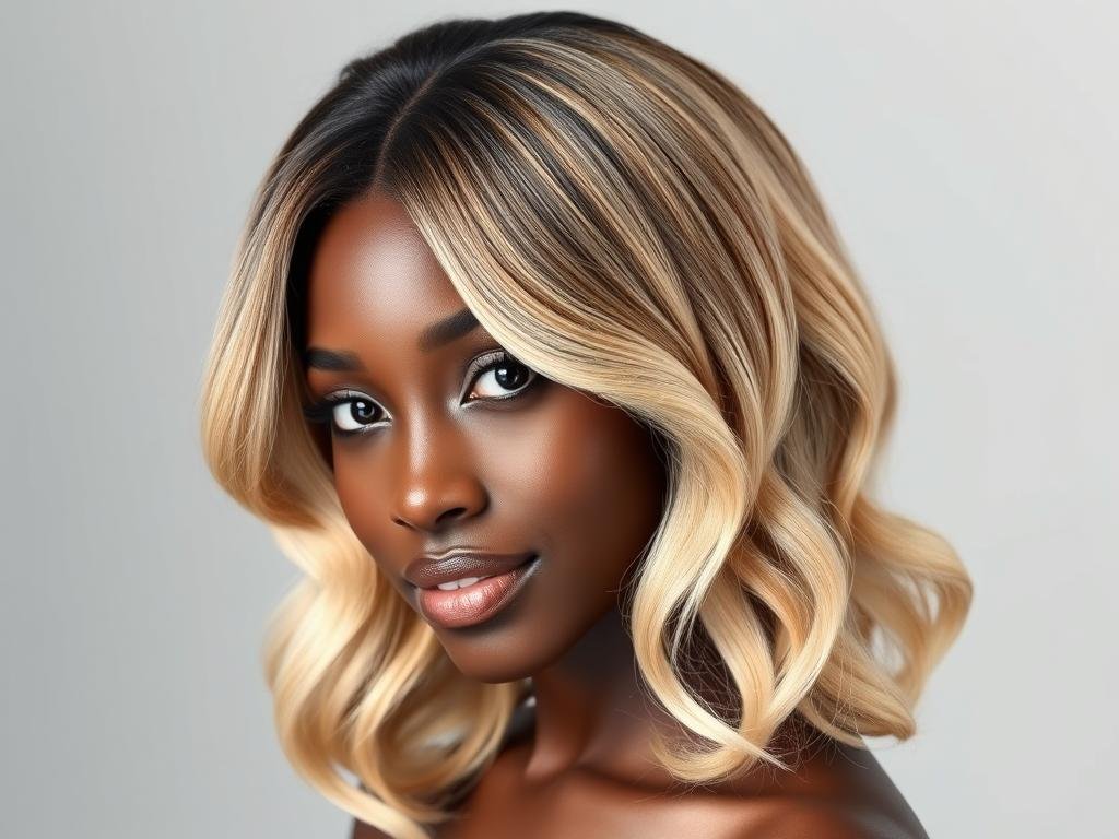Blonde highlights wig on Black model showing natural waves and realistic part