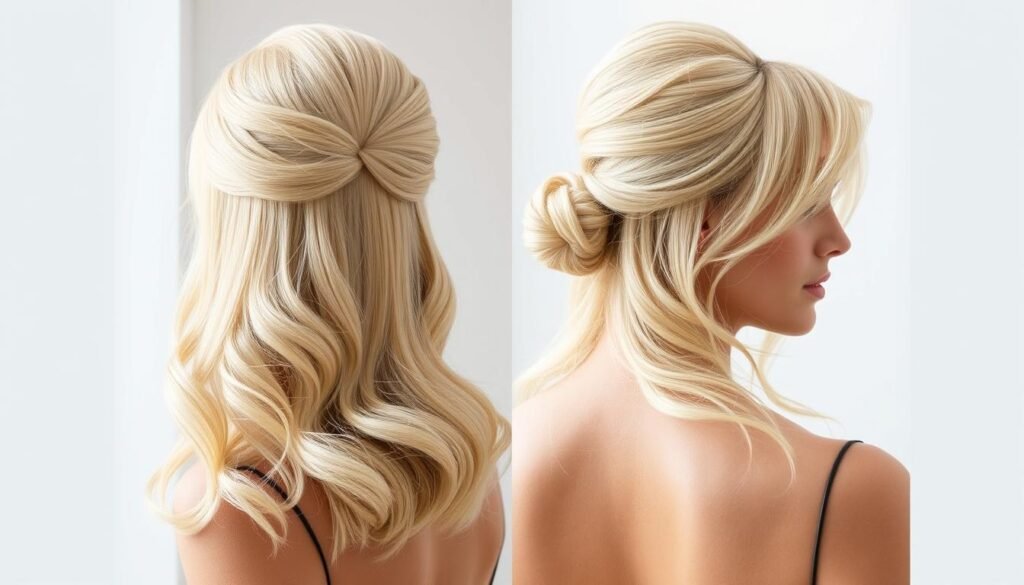 Blonde wig styled in a half-up, half-down hairstyle