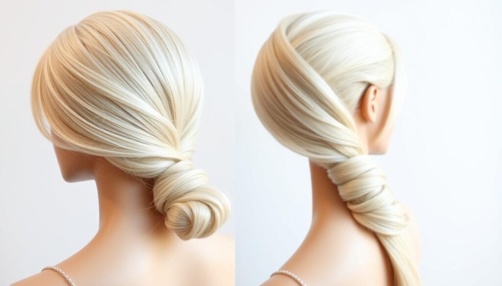 Blonde wig styled in a sleek low ponytail
